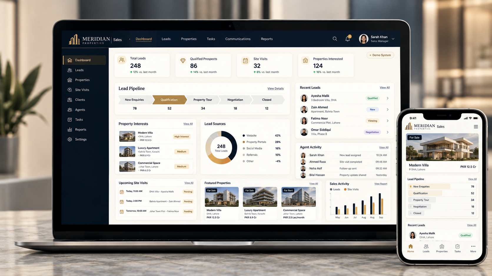 Real Estate Digital Sales System — Lead flow and CRM mockup